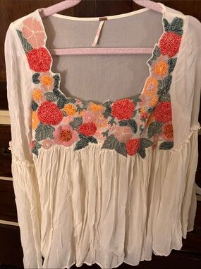 Free People Ivory Peasant Top with Pink, Coral & Yellow Floral Embroidery
